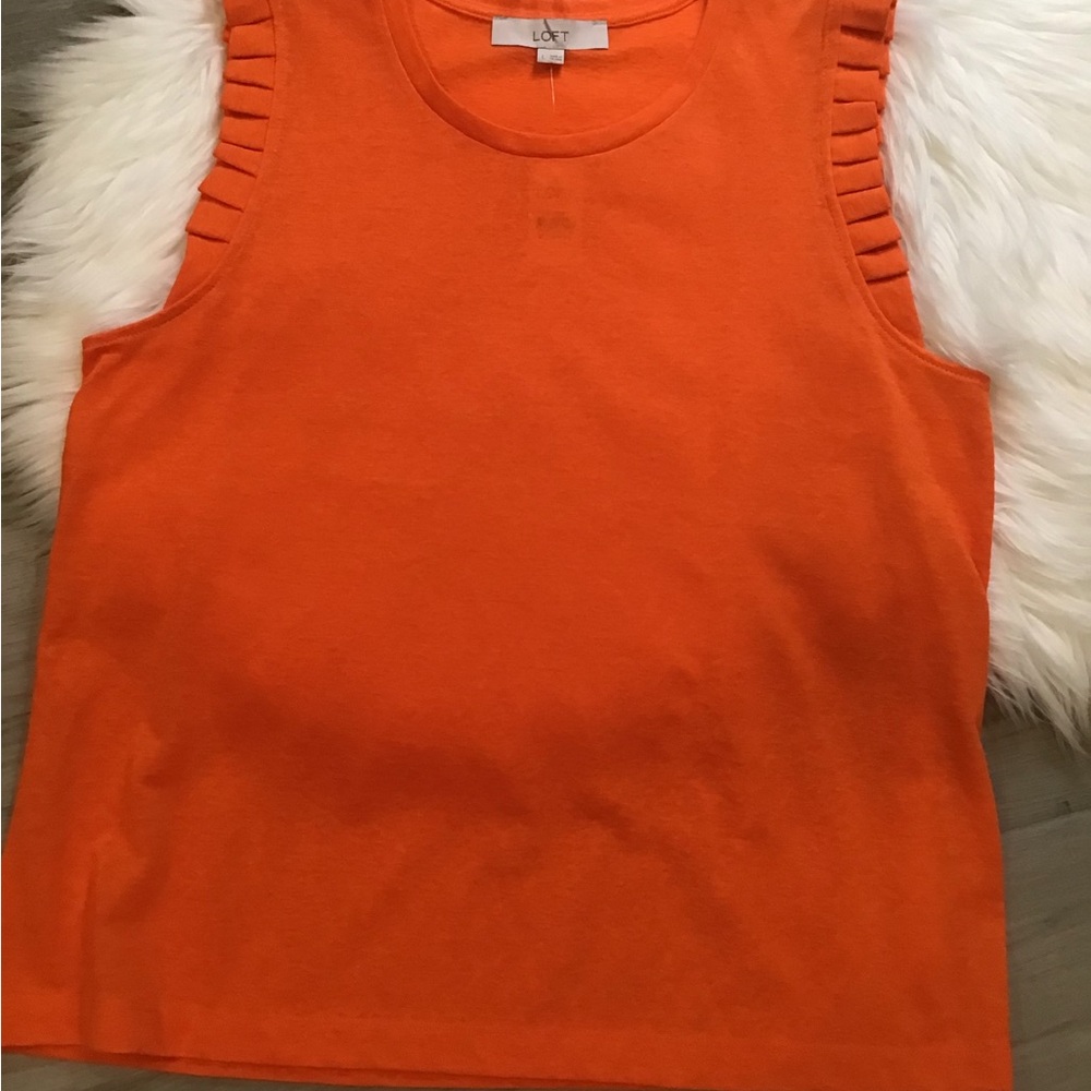 LOFT Orange Ribbed Tank Top with Ruffle - Picture 2 of 5